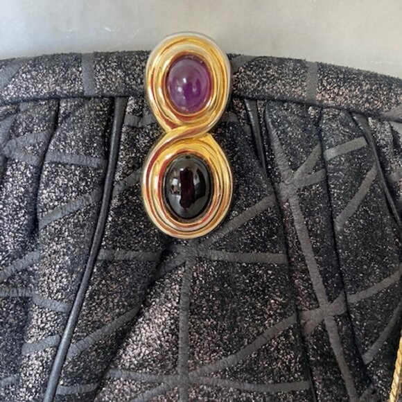 JUDITH LIEBER Vintage Minaudière Black Metallic Suede Gemstone Clasp Purse - Picture 7 of 17